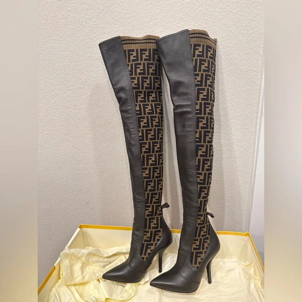 Fendi Rockoko Over the Knee Boots w FF Pattern leather sole ebano tabacco nero